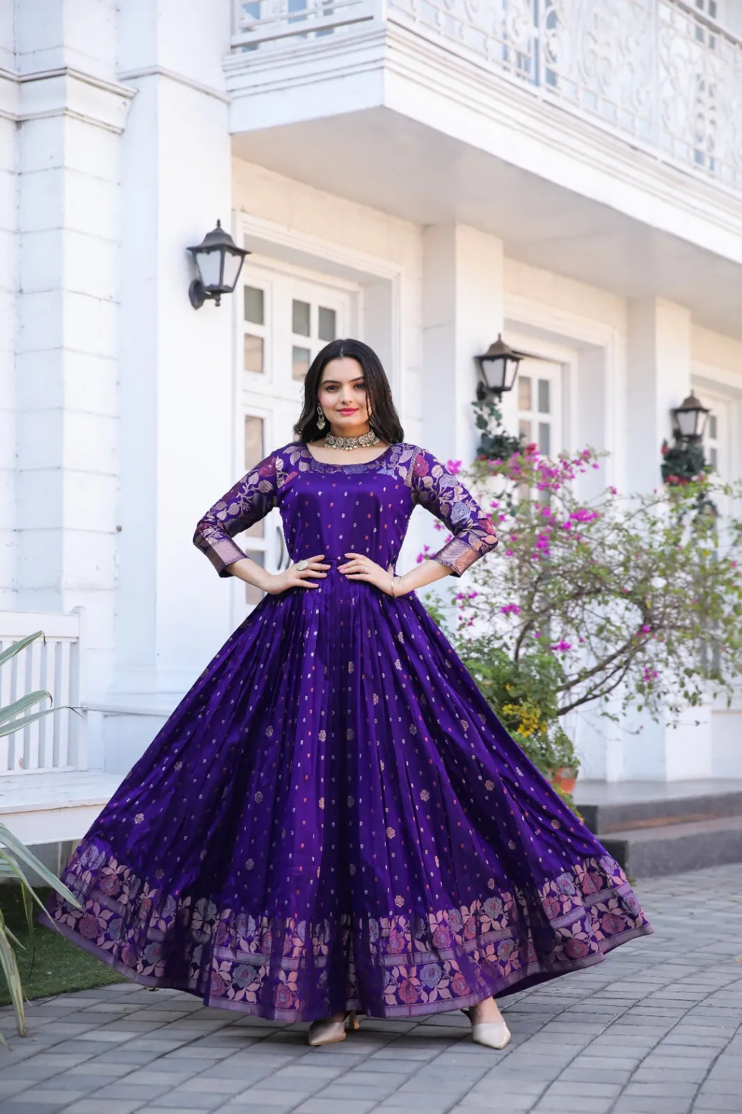 Violet Zari Buti Anarkali Gown with Floral Border