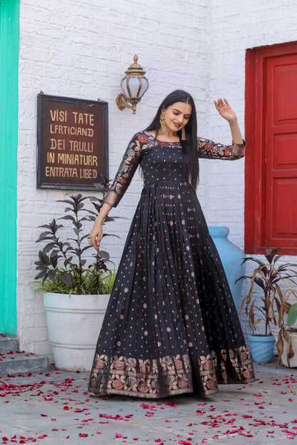 Black Zari Buti Anarkali Gown with Floral Border
