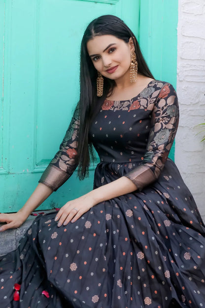 Black Zari Buti Anarkali Gown with Floral Border
