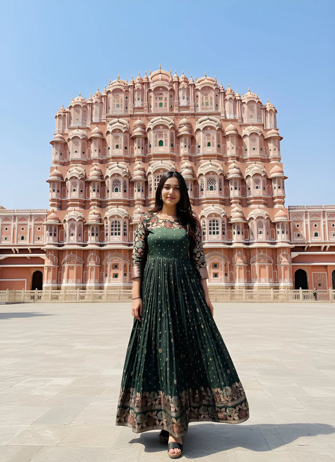 Green Zari Buti Anarkali Gown with Floral Border