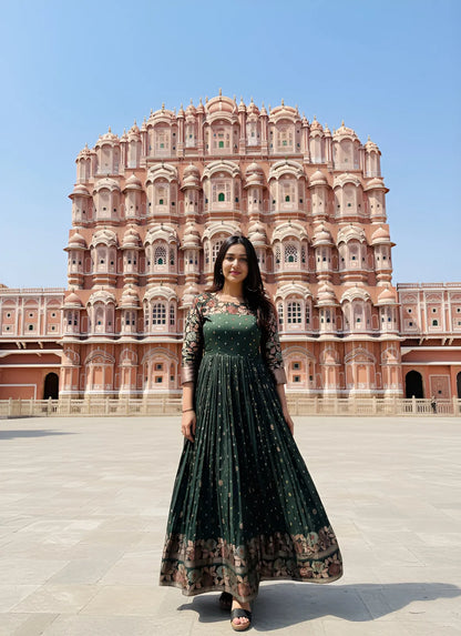 Green Zari Buti Anarkali Gown with Floral Border