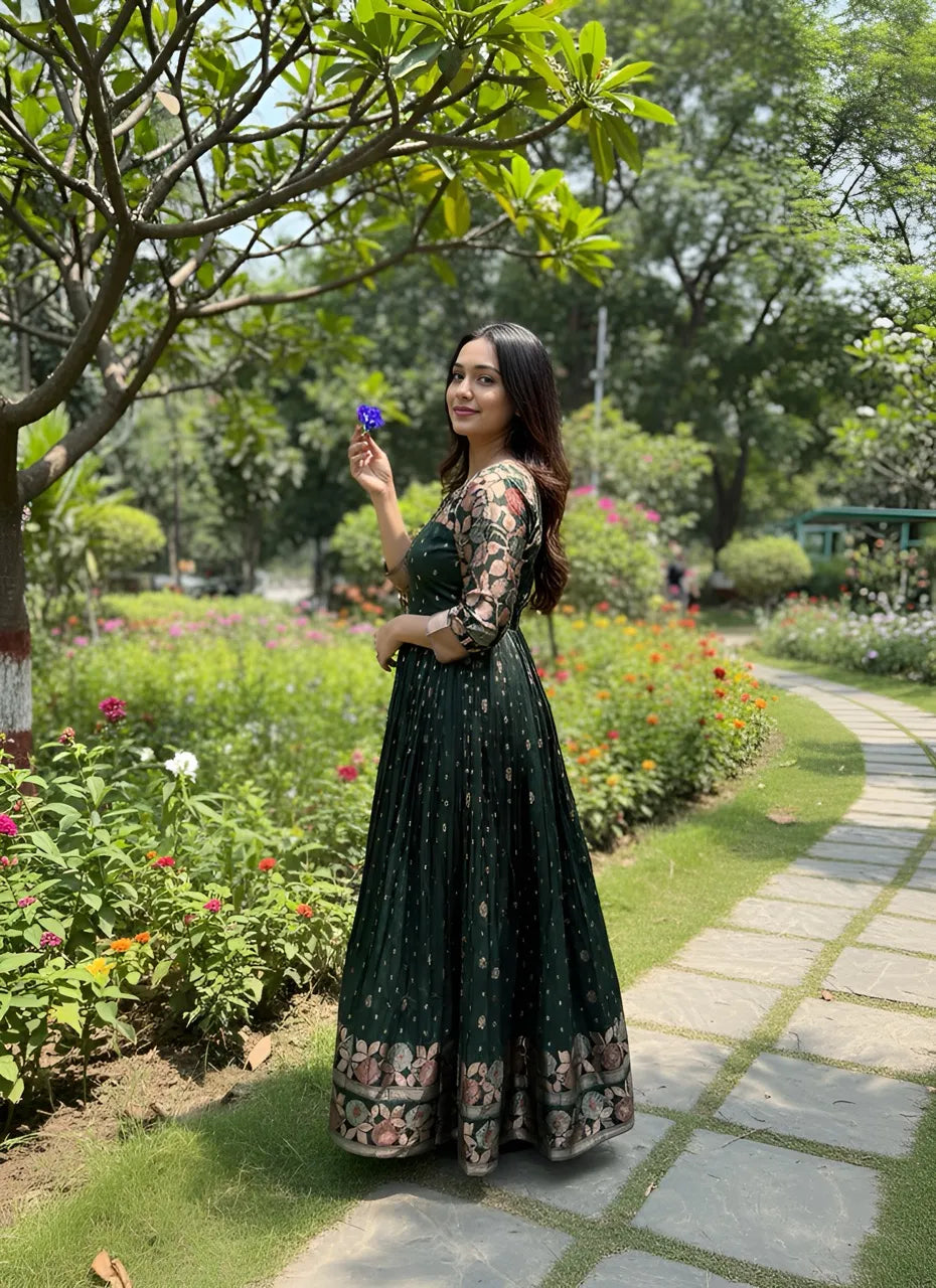 Green Zari Buti Anarkali Gown with Floral Border