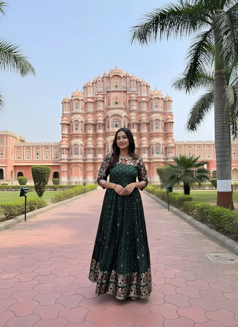 Green Zari Buti Anarkali Gown with Floral Border