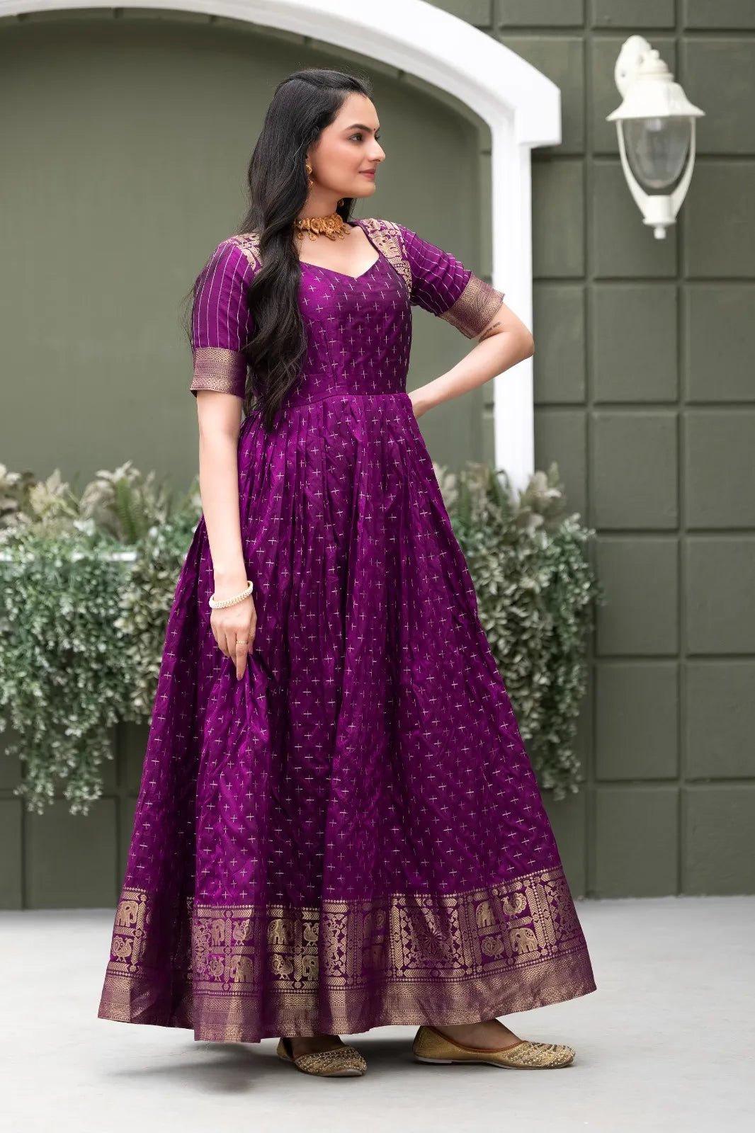Purple Zari Buti Anarkali Gown with Woven Border