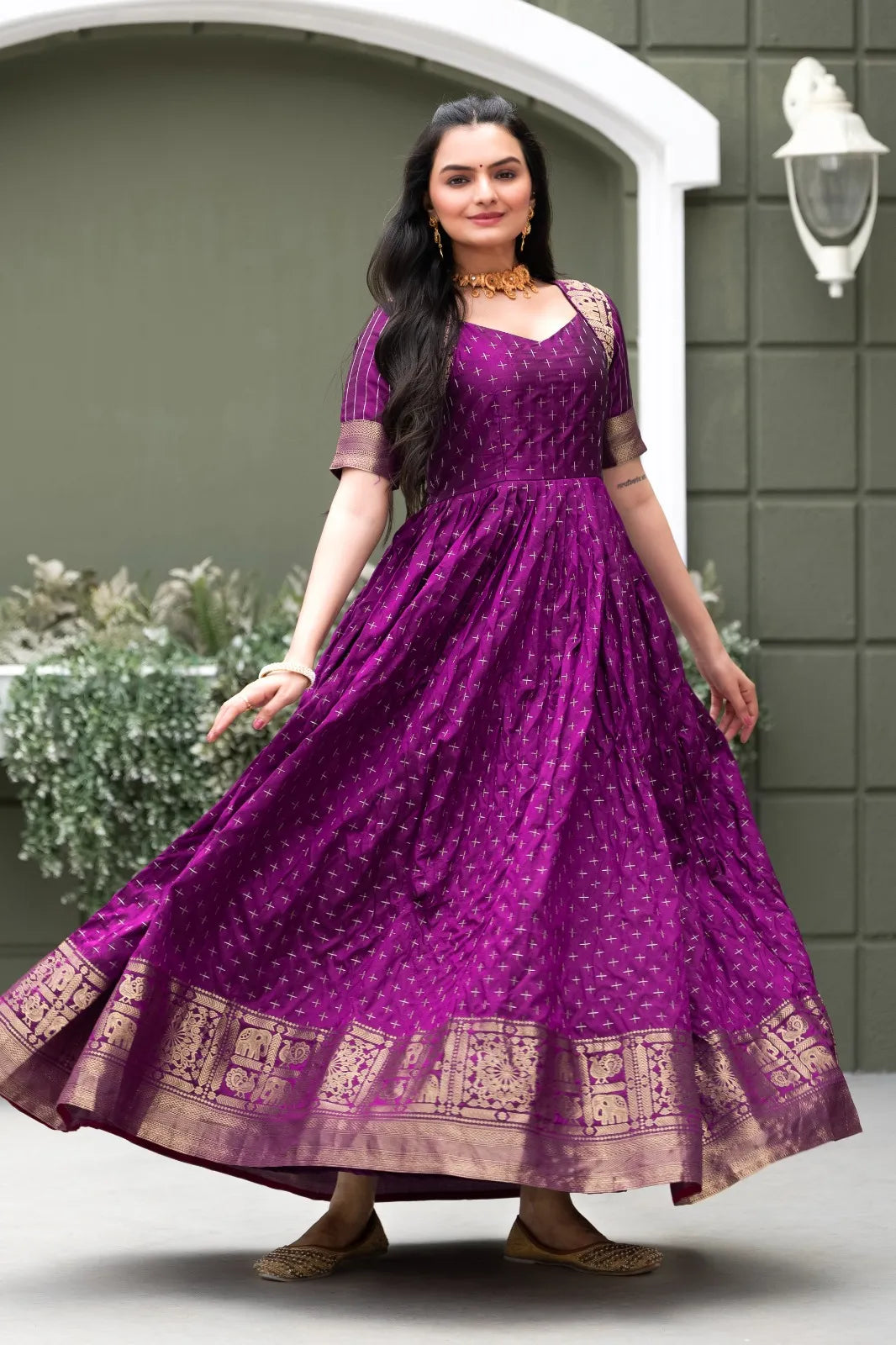 Purple Zari Buti Anarkali Gown with Woven Border