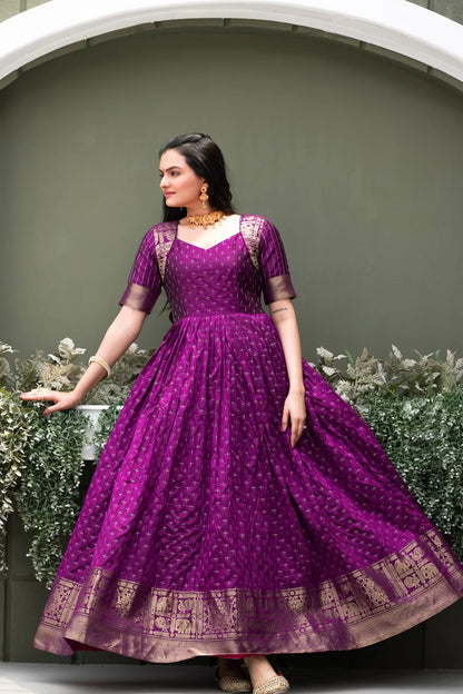 Purple Zari Buti Anarkali Gown with Woven Border