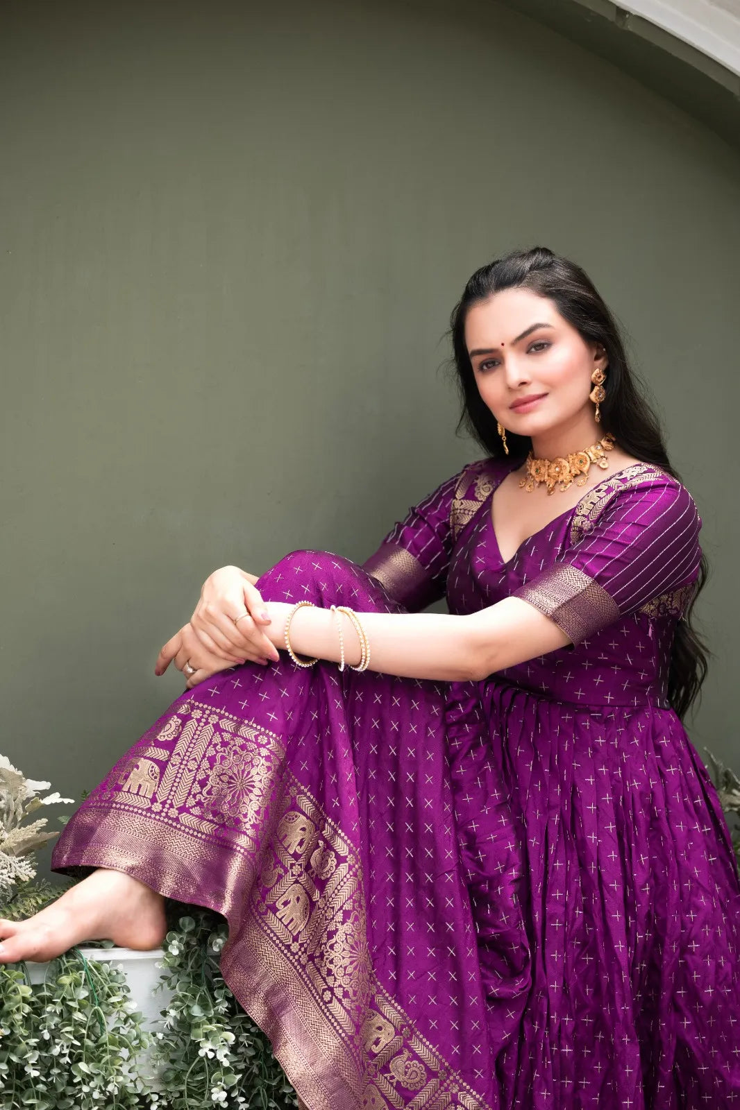 Purple Zari Buti Anarkali Gown with Woven Border