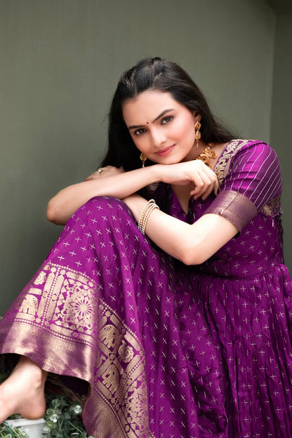 Purple Zari Buti Anarkali Gown with Woven Border