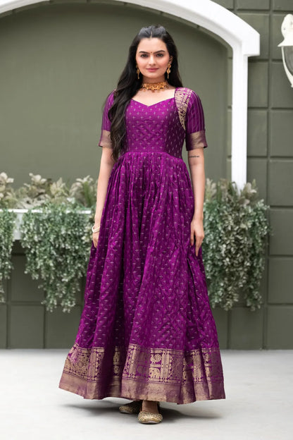 Purple Zari Buti Anarkali Gown with Woven Border