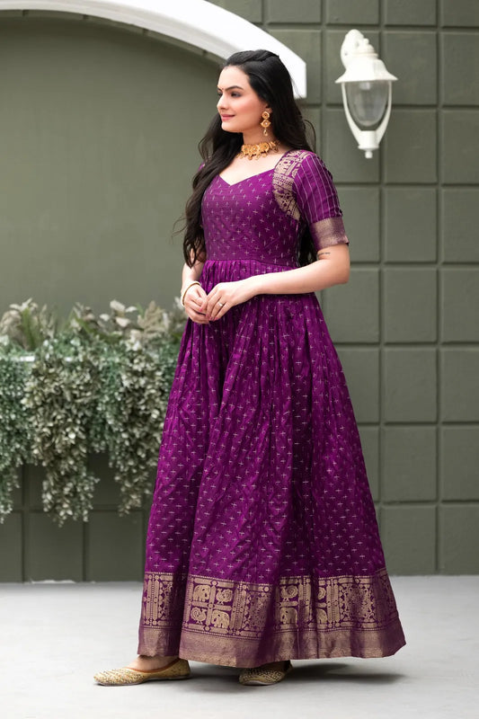 Purple Zari Buti Anarkali Gown with Woven Border