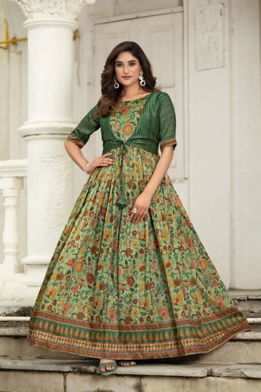 Printed Silk Blend Heritage Detailing Gown with Attached Jacket