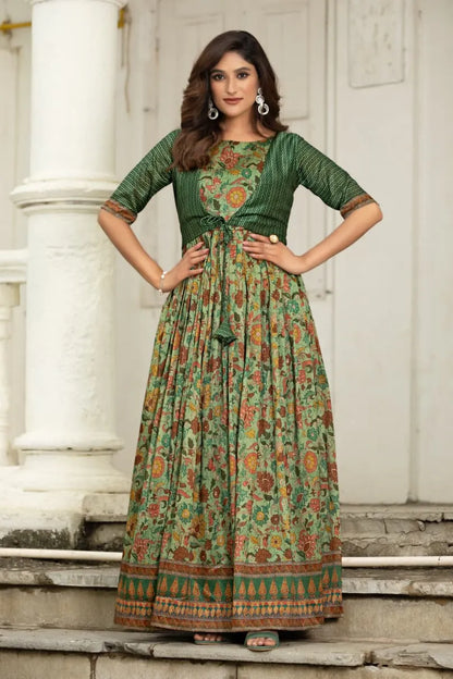 Printed Silk Blend Heritage Detailing Gown with Attached Jacket