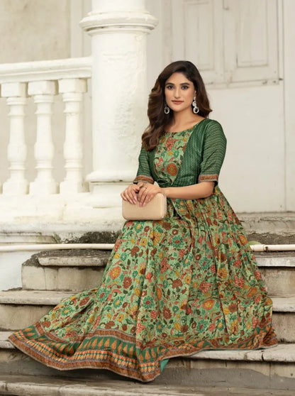 Printed Silk Blend Heritage Detailing Gown with Attached Jacket