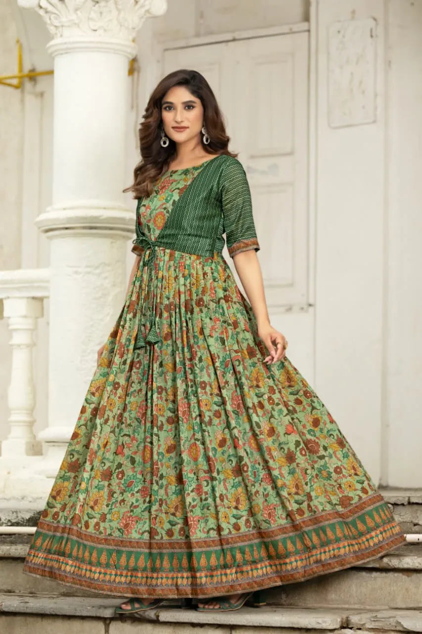 Printed Silk Blend Heritage Detailing Gown with Attached Jacket