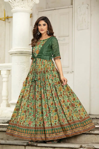 Printed Silk Blend Heritage Detailing Gown with Attached Jacket