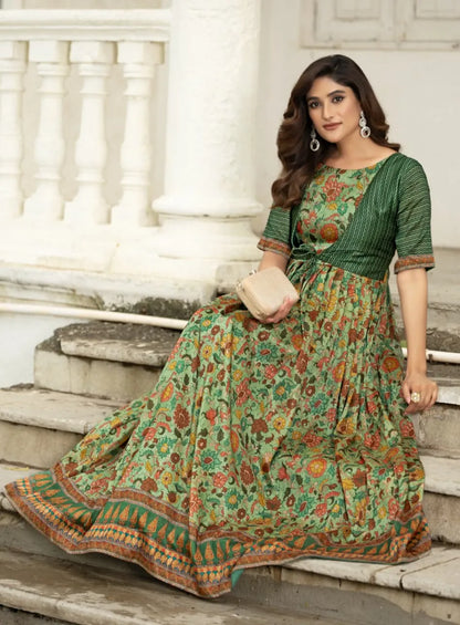 Printed Silk Blend Heritage Detailing Gown with Attached Jacket