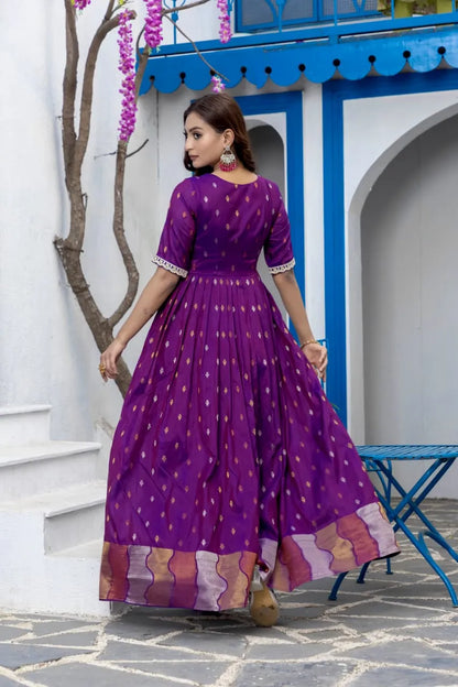 Purple Flared Embroidered Lace Gown
