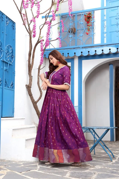 Purple Flared Embroidered Lace Gown