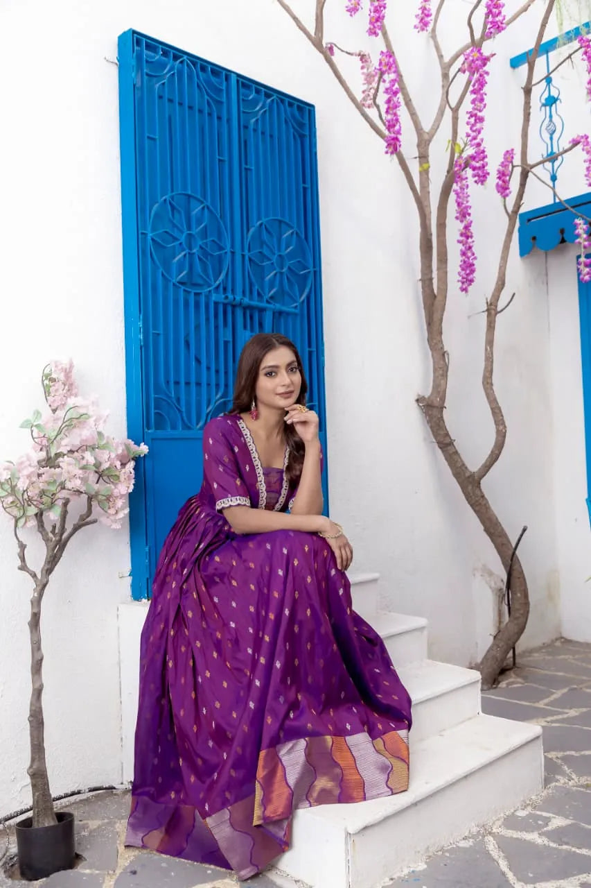 Purple Flared Embroidered Lace Gown