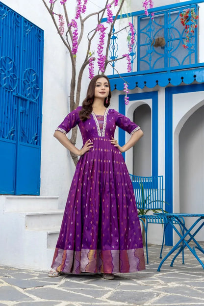 Purple Flared Embroidered Lace Gown