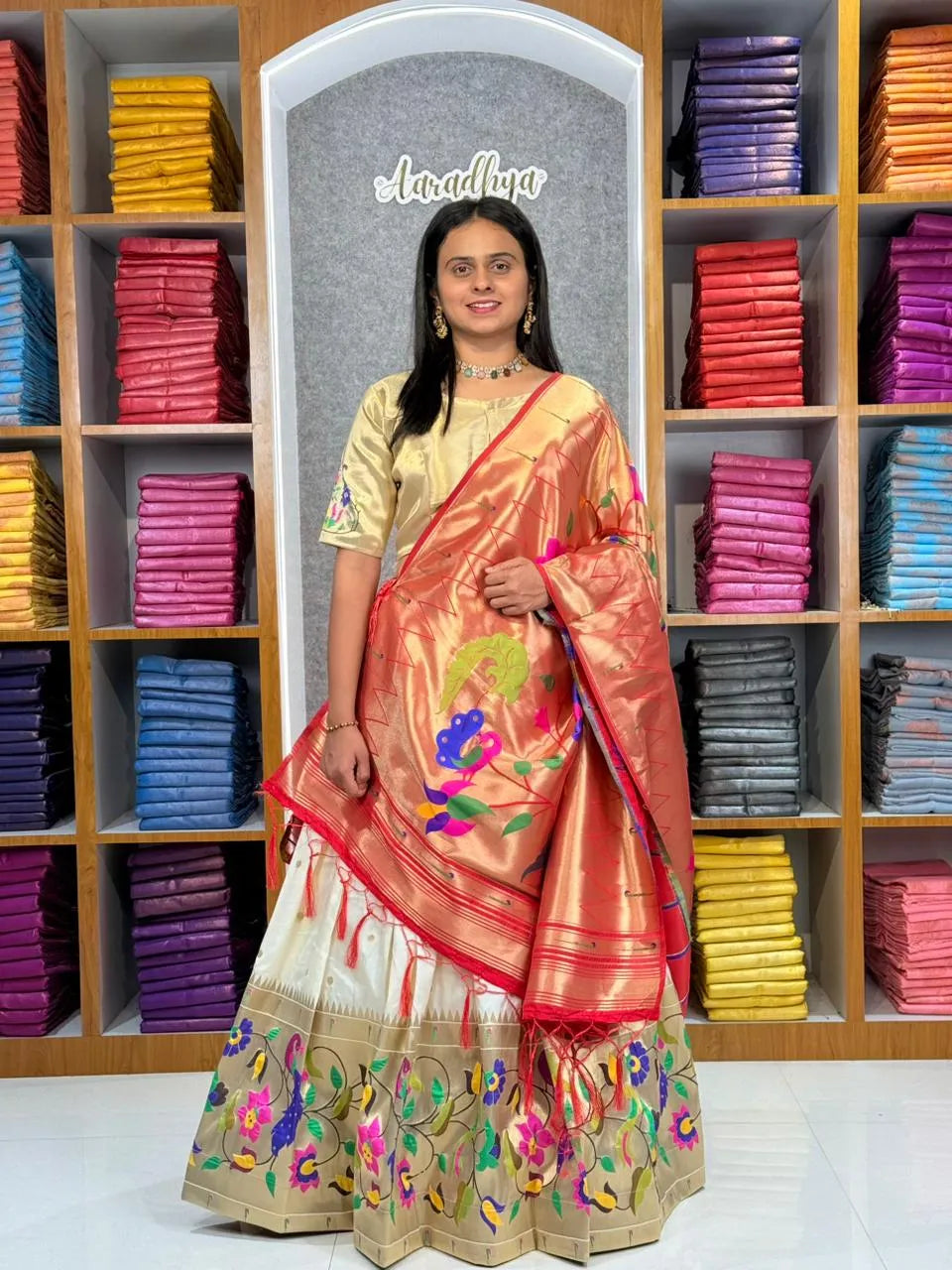 Designer Paithani Style Lehenga Choli Set - White