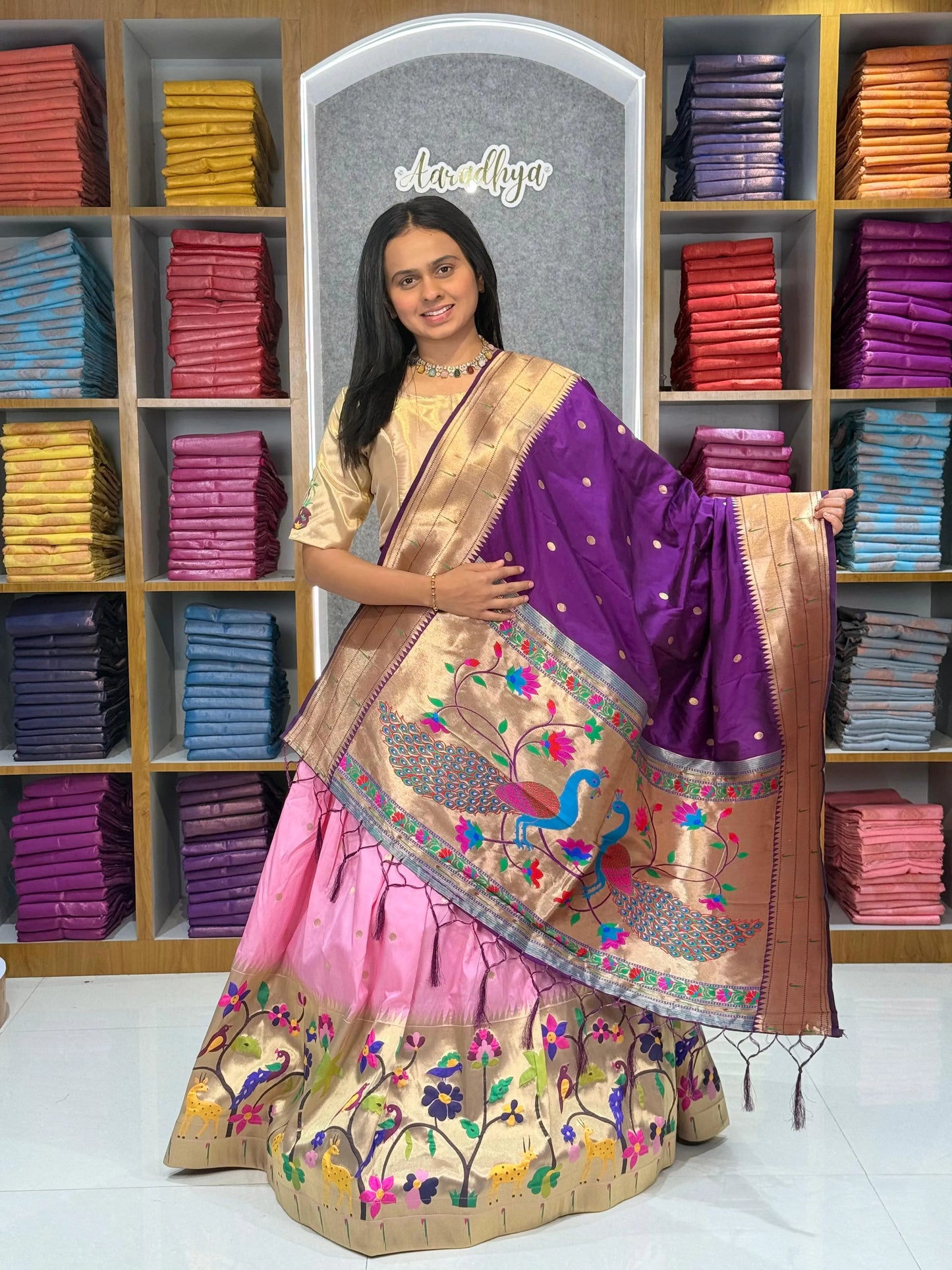 Traditional Peacock Paithani Lehenga Set - Baby-Pink