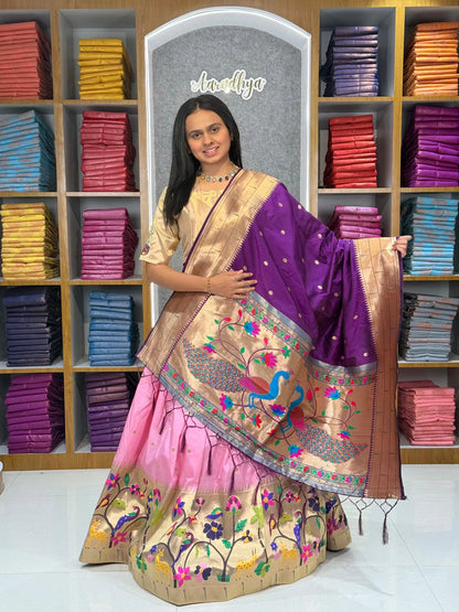 Traditional Peacock Paithani Lehenga Set - Baby-Pink