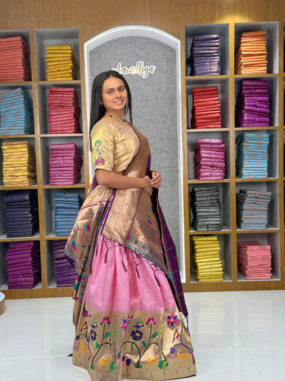 Traditional Peacock Paithani Lehenga Set - Baby-Pink