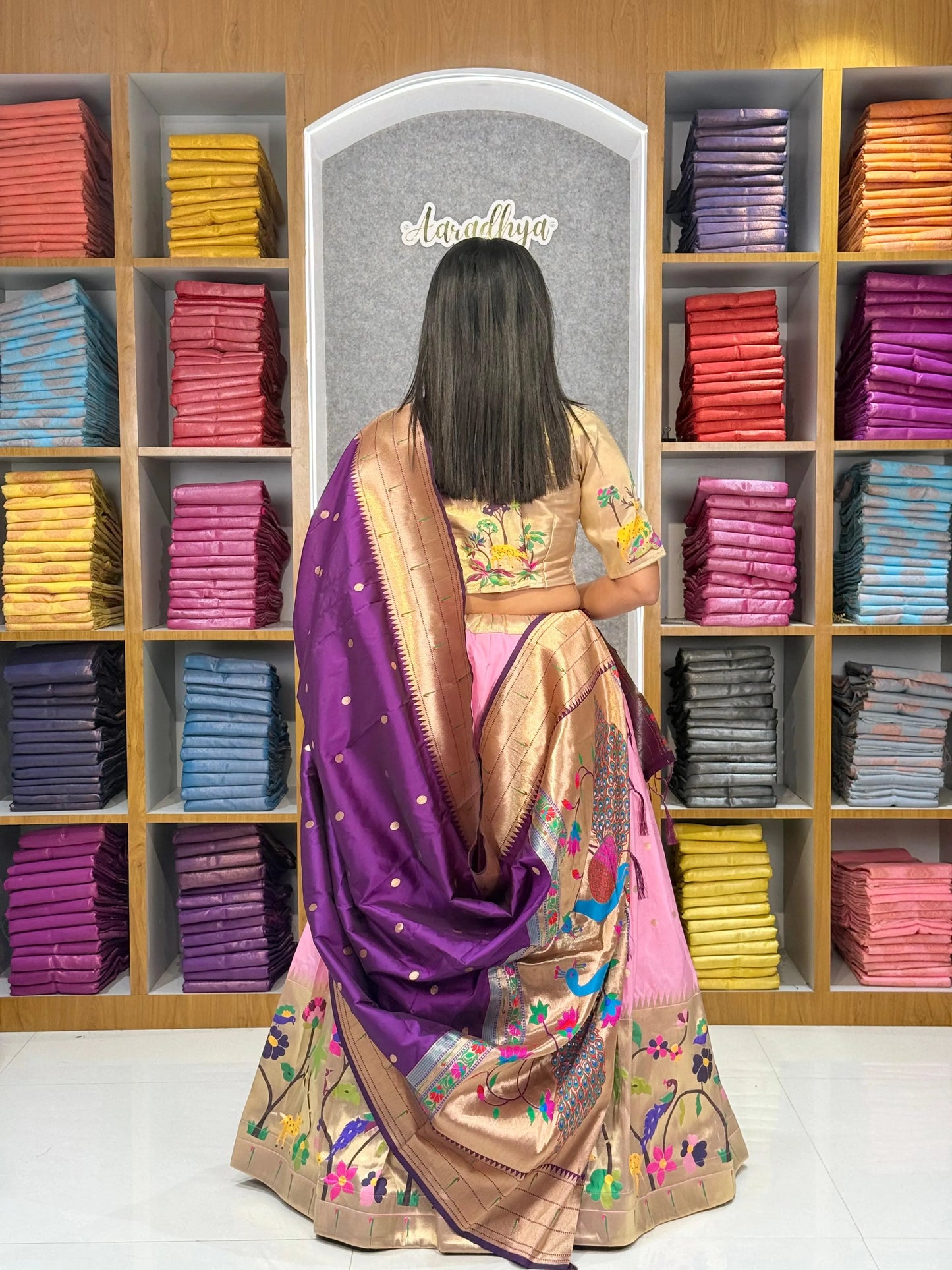 Traditional Peacock Paithani Lehenga Set - Baby-Pink