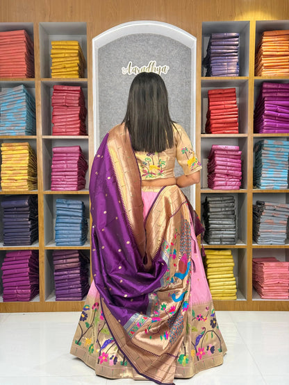 Traditional Peacock Paithani Lehenga Set - Baby-Pink