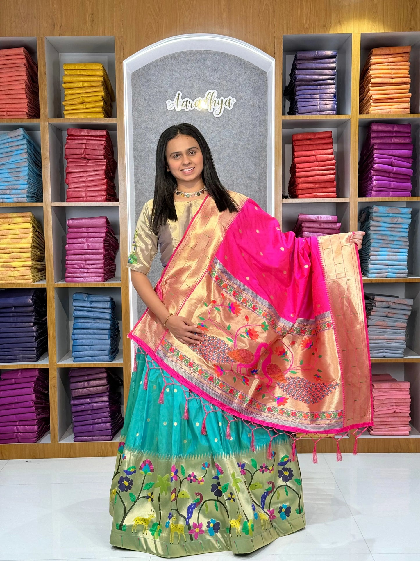 Traditional Peacock Paithani Lehenga Set - Rama