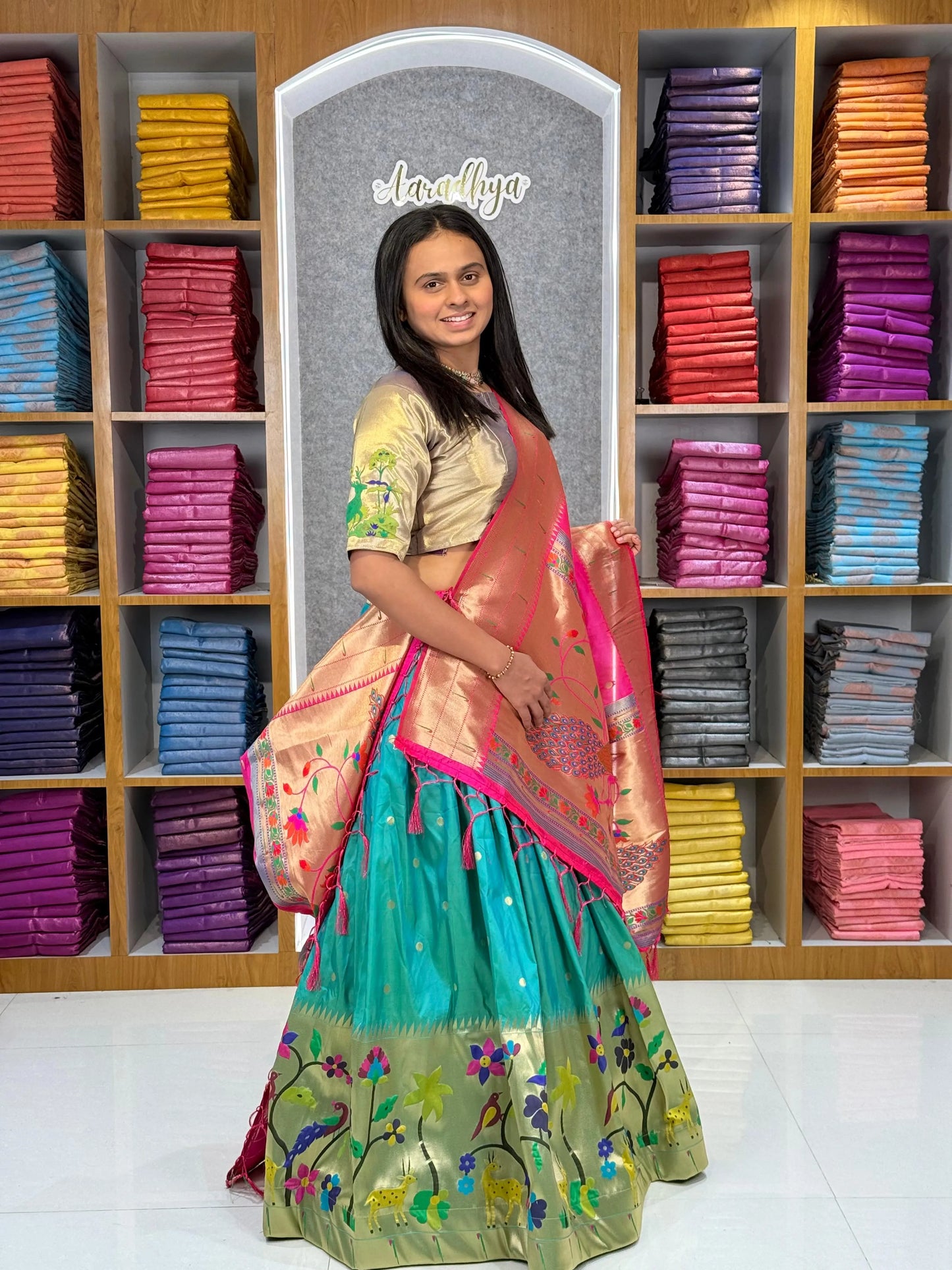 Traditional Peacock Paithani Lehenga Set - Rama