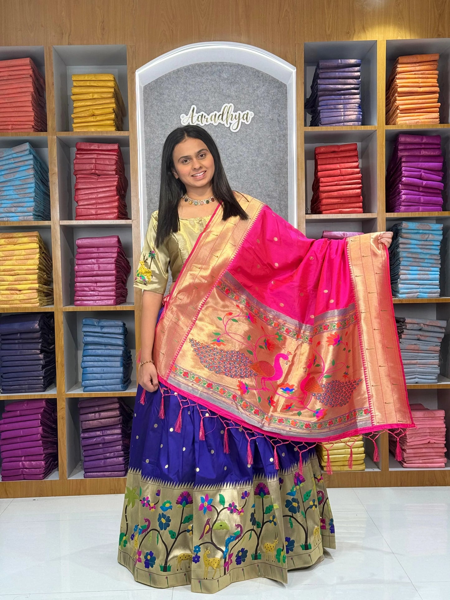 Traditional Peacock Paithani Lehenga Set - Navy-Blue