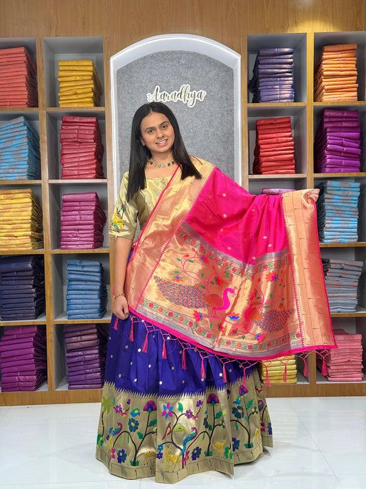 Traditional Peacock Paithani Lehenga Set - Navy-Blue