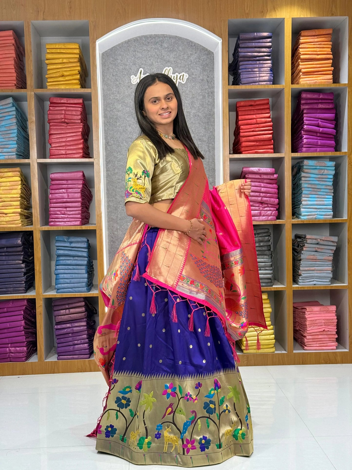 Traditional Peacock Paithani Lehenga Set - Navy-Blue