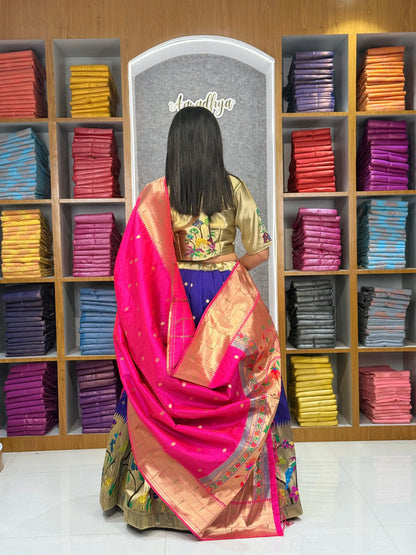 Traditional Peacock Paithani Lehenga Set - Navy-Blue