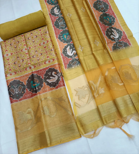 Premium Korean Tussar Unstitched Salwar Suit - Yellow