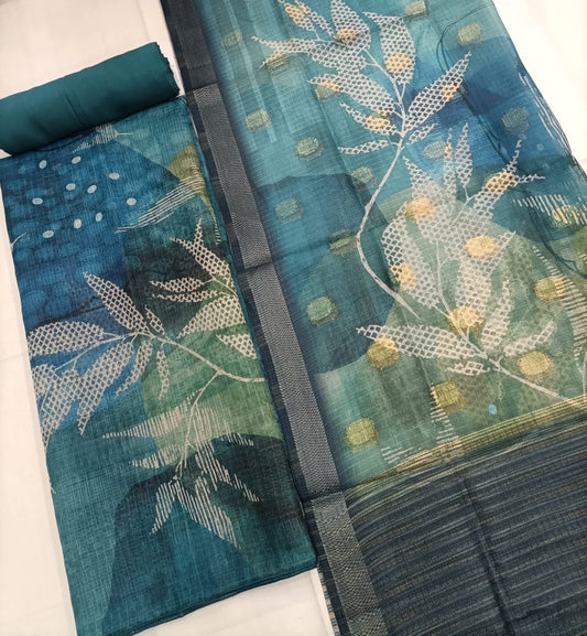 Soft Linen Silk Leaf Pattern Unstitched Salwar Suit - Sky