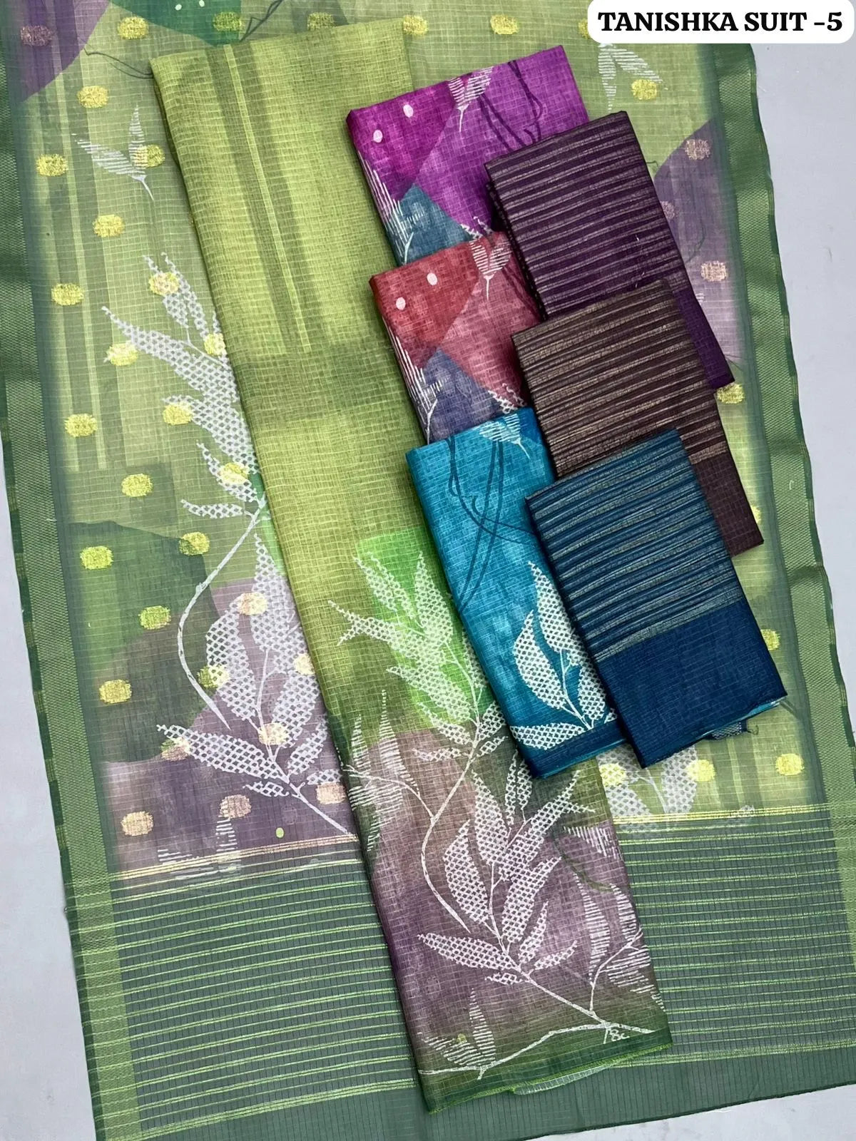 Soft Linen Silk Leaf Pattern Unstitched Salwar Suit - Green