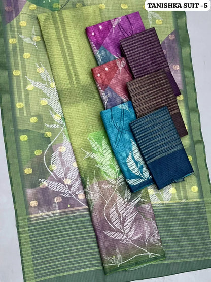 Soft Linen Silk Leaf Pattern Unstitched Salwar Suit - Green