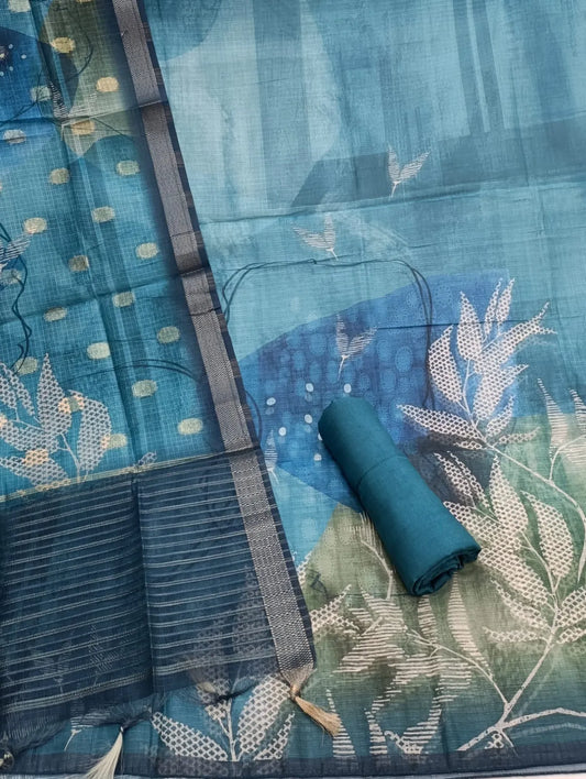 Soft Linen Silk Leaf Pattern Unstitched Salwar Suit - Sky
