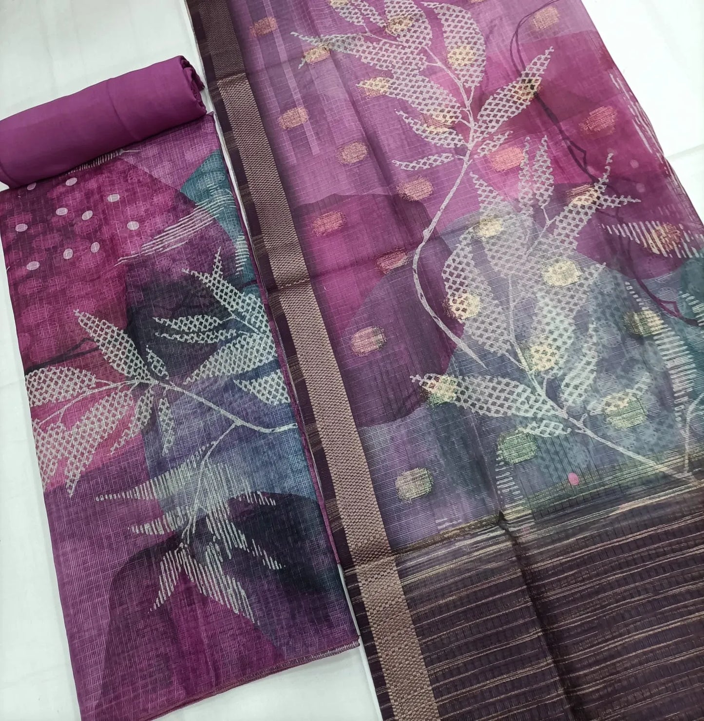 Soft Linen Silk Leaf Pattern Unstitched Salwar Suit - Pink