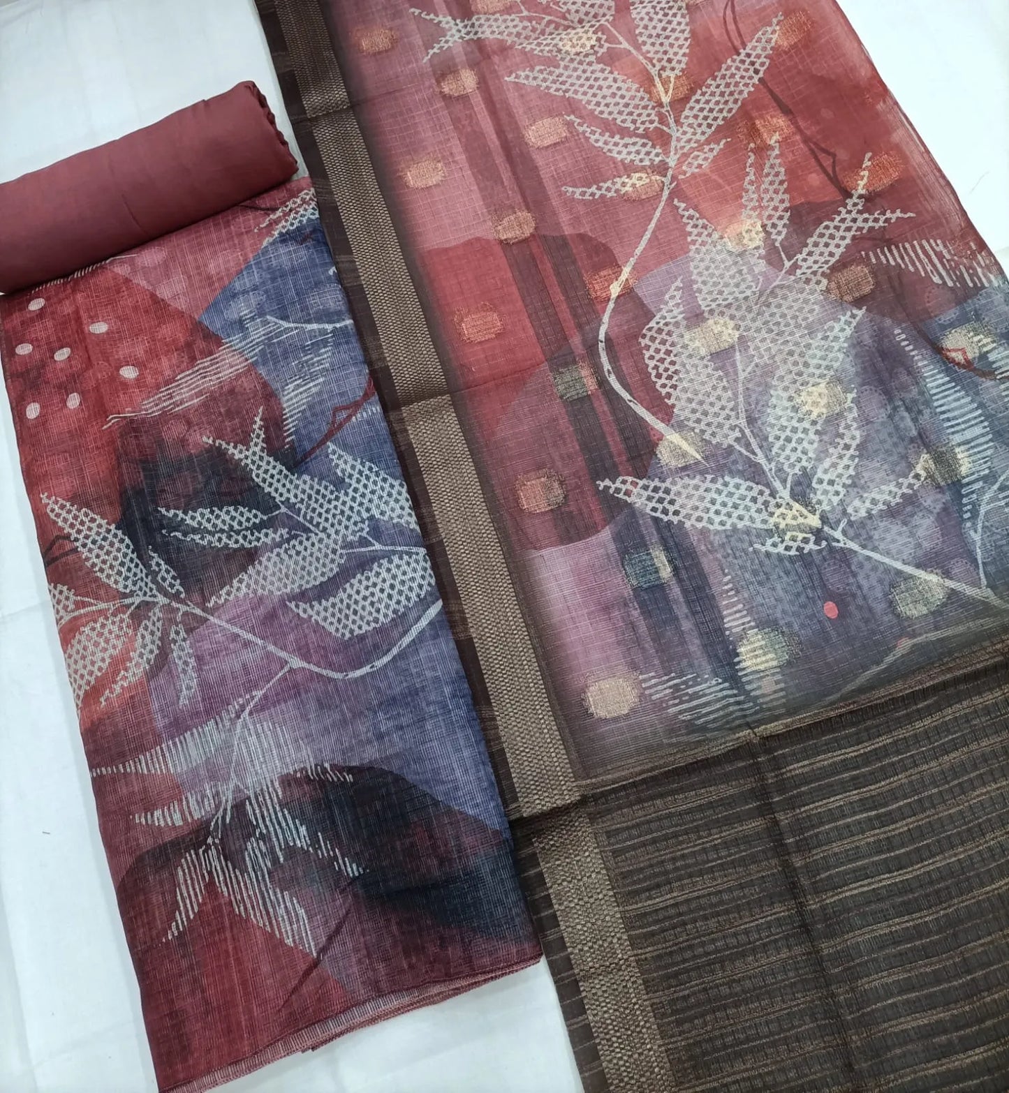 Soft Linen Silk Leaf Pattern Unstitched Salwar Suit - Red