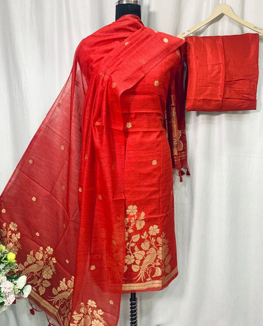 Premium Linen Silk Unstitched Dress Material Set - Red