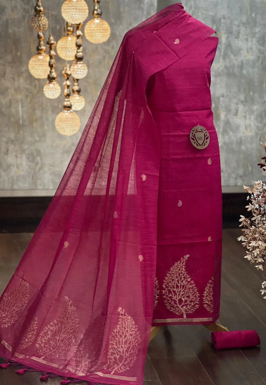 Designer Linen Silk Hiran Weaving Unstitched Dress Material Set - Pink