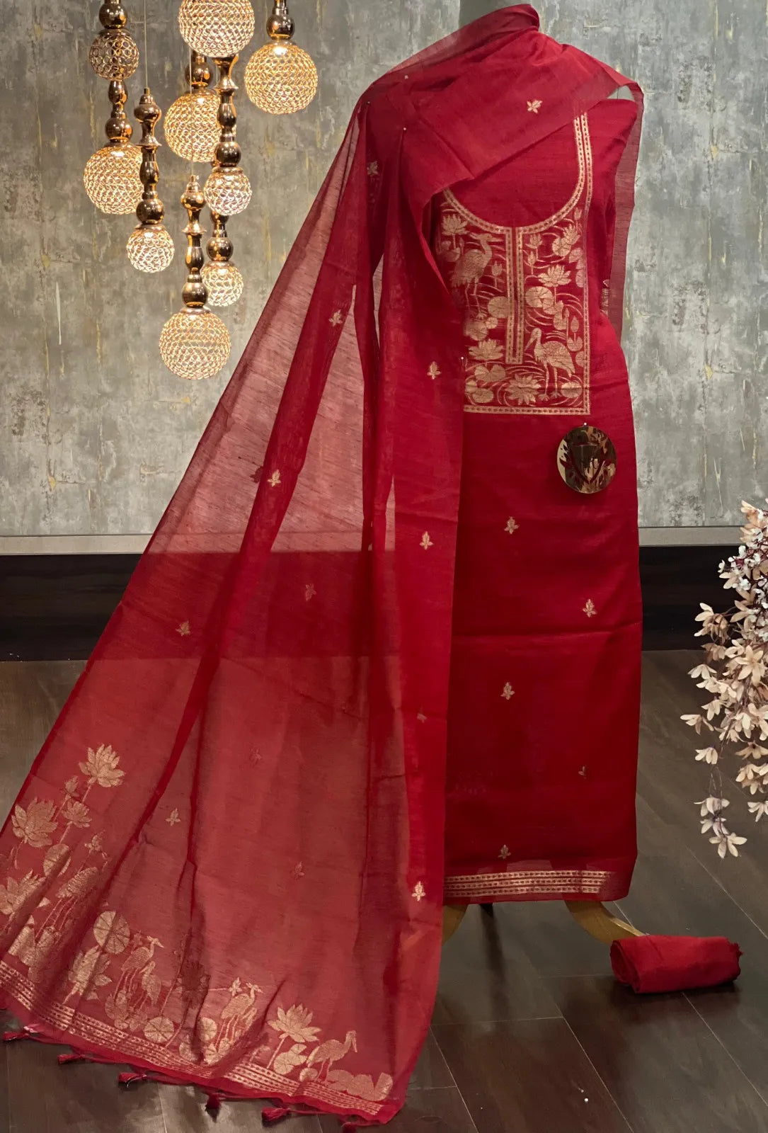 Designer Linen Silk Hiran Weaving Unstitched Dress Material Set - Red