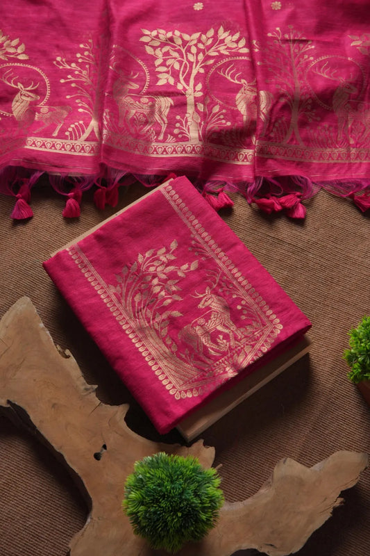 Designer Linen Silk Hiran Weaving Unstitched Dress Material Set - Pink