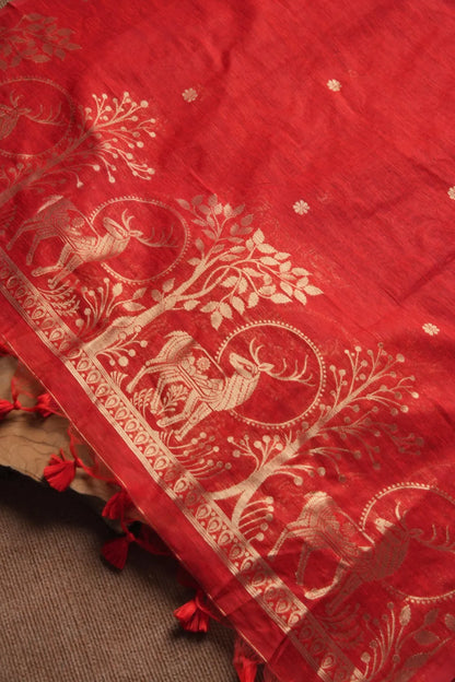 Designer Linen Silk Hiran Weaving Unstitched Dress Material Set - Red