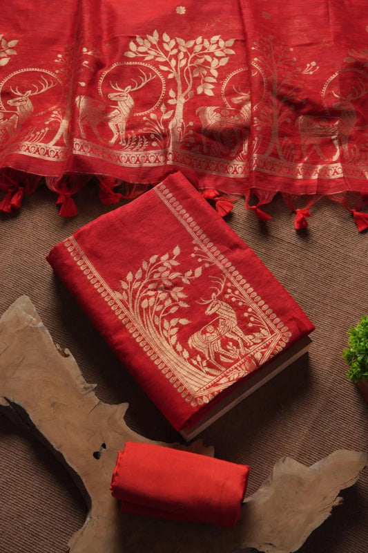 Designer Linen Silk Hiran Weaving Unstitched Dress Material Set - Red