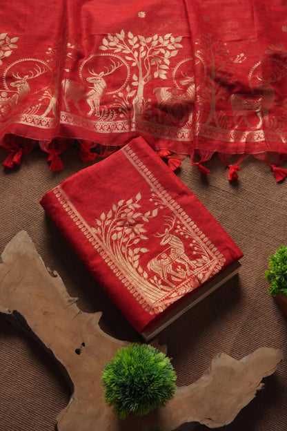 Designer Linen Silk Hiran Weaving Unstitched Dress Material Set - Red